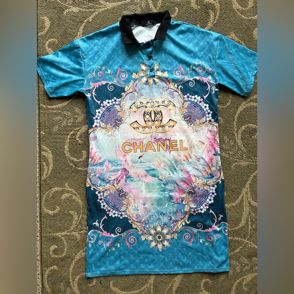 Chanel Blue and Pink Graphic Pocket Dress